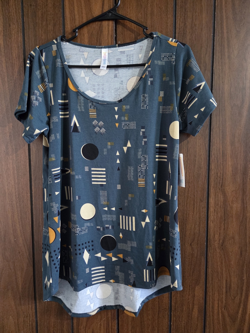 LuLaRoe Teal Geometric Scoop Neck Tunic with Mustard & Cream Accents